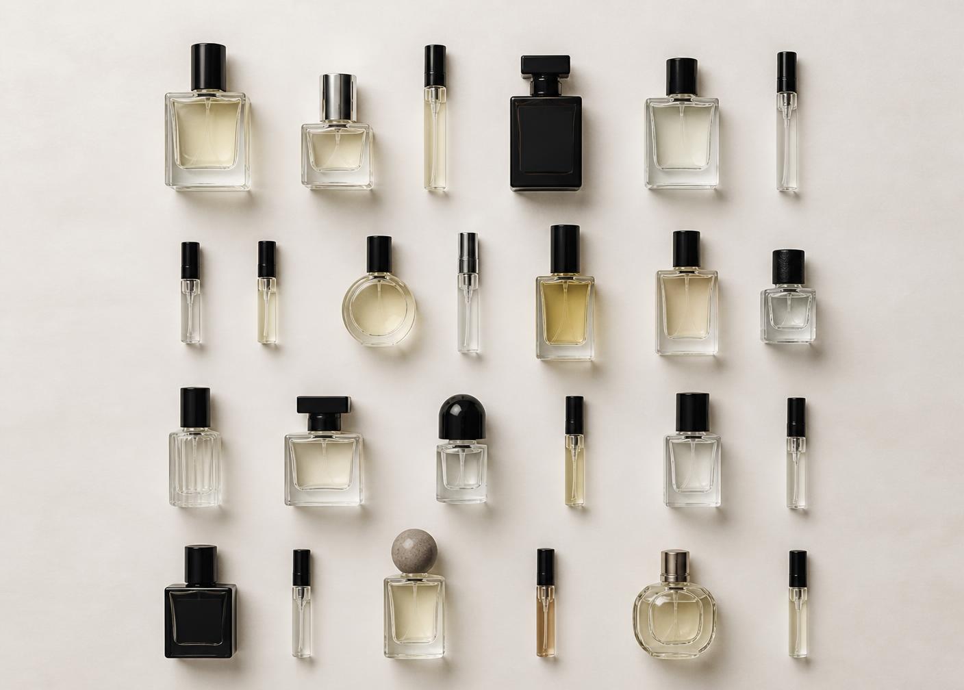 Overhead grid of perfume bottles, decants and vials on a cream backdrop